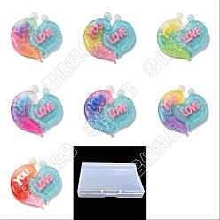 Mixed Color 21 Sets 7 Colors Gradient Color Opaque Resin Pendants, with Glitter Powder, Couple Heart Charm with Word LOVE YOU, Mixed Color, 39x38.5x5.5mm, Hole: 3.5mm, 3 sets/color