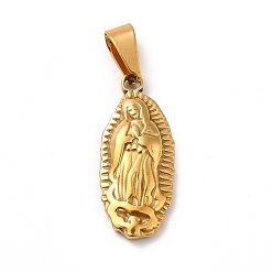 Golden Vacuum Plating 201 Stainless Steel Pendants, Oval with Virgin Mary, Golden, 25x11x3.5mm, Hole: 8x4mm