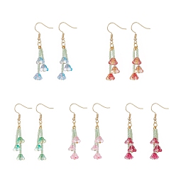 Mixed Color Glass Trumpet Flower Tassel Dangle Earrings, Brass Jewelry for Women, Mixed Color, 55.5mm, Pin: 0.6mm