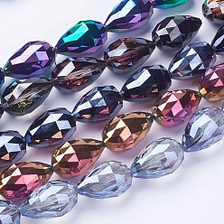 Mixed Color Electroplate Glass Beads Strands, Faceted, teardrop, Mixed Color, 27~28x18mm, Hole: 2mm, about 25pcs/strand, 26.3 inch~27.1 inch(67cm~69cm)