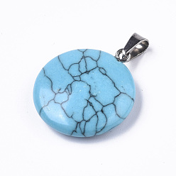 Synthetic Turquoise Synthetic Turquoise Pendants, with Platinum Tone Brass Bails, Flat Round, 22~25x19~21x5~7mm, Hole: 3x6mm