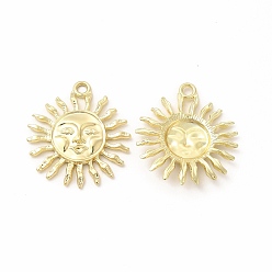 Light Gold Rack Plating Alloy Pendants, Cadmium Free & Nickel Free & Lead Free, Sun with Human Face Charm, Light Gold, 34x30.5x4mm, Hole: 2.5mm