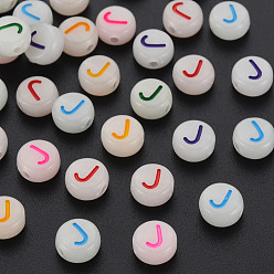 Letter J Acrylic Beads, Glow in the Dark, with Enamel and Luminous, Horizontal Hole, Flat Round with Alphabet, Letter.J, 6.5x7x4mm, Hole: 1.6mm, about 3600pcs/500g