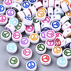 Mixed Color Opaque Acrylic Beads, with Enamel, Flat Round with Peace Sign, Mixed Color, 7x4mm, Hole: 1.6mm, about 3600pcs/500g