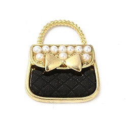 Noir Charmes d'émail d'alliage, avec perles en plastique imitation abs, sans cadmium et sans nickel et sans plomb, or, sac à main avec breloque nœud papillon, noir, 18.5x16x4.5mm, Trou: 4.5x8mm