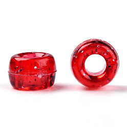 Brique Rouge Perles en plastique transparentes, avec de la poudre de paillettes, baril, firebrick, 9x6mm, Trou: 3.8mm, environ1900 pcs / 500 g