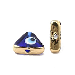 Azul Perlas de esmalte de bronce, larga duración plateado, real 18 k chapado en oro, triángulo con patrón de mal de ojo, azul, 10~11.5x13~13.5x4~5 mm, agujero: 1.6~1.8 mm