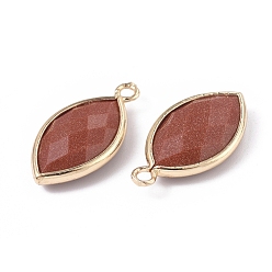 Goldstone Synthetic Goldstone Pendants, with Golden Plated Brass Findings, Faceted, Horse Eye, 21.5x11.5x3~5mm, Hole: 1.6mm