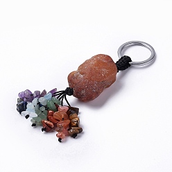 Red Agate Natural Red Agate Nugget with Mixed Gemstone Chips Tassel Keychains, with 304 Stainless Steel Ring Clasps, 9~10.5cm