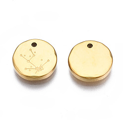 Taurus 316 Surgical Stainless Steel Charms, Flat Round with Constellation, Real 14K Gold Plated, Taurus, 10x2mm, Hole: 1mm