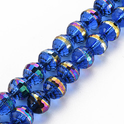 Blue Electroplate Transparent Glass Beads Strands, Rainbow Color Plated, Faceted, Round, Blue, 10x9.5mm, Hole: 1.4mm, about 39~40pcs/strand, 14.17 inch~14.57 inch(36~37cm)