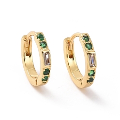 Real 18K Gold Plated Green Cubic Zirconia Rectangle Hoop Earrings, Brass Jewelry for Women, Cadmium Free & Nickel Free & Lead Free, Real 18K Gold Plated, 13x14x2mm, Pin: 0.8mm