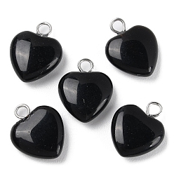 Obsidian Natural Obsidian Pendants, Heart Charms with Platinum Plated Brass Loops, 14.8~15x12x4.1~4.6mm, Hole: 2mm