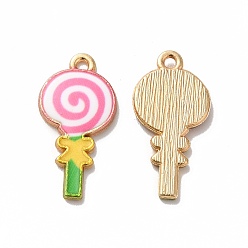 Pink Alloy Enamel Pendants, Golden, Lollipop Charm, Pink, 24x12x2mm, Hole: 1.5mm