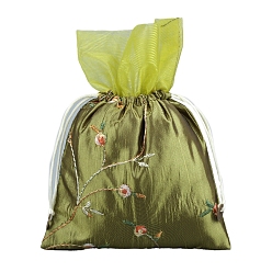 Gris Oliva Bolsas de flores con bordado de seda, bolsa con cordón, Rectángulo, verde oliva, 25x16 cm
