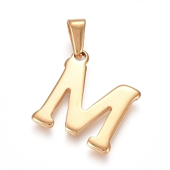 Letter M 304 Stainless Steel Pendants, Golden, Initial Letter.M, 20x18x1.8mm, Hole: 3x7mm