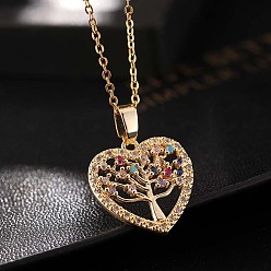 Tree Colorful CZ Heart-shaped Tree of Life Pendant Necklace for Women
