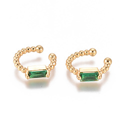 Green Golden Plated Brass Micro Pave Cubic Zirconia Cuff Earrings, Long-Lasting Plated, Green, 15x2~3mm