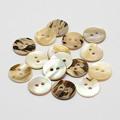 Seashell Color 2-Hole Shell Flat Round Buttons, Seashell Color, 13x2mm, Hole: 2mm, about 500pcs/bag