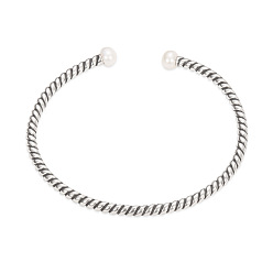 Silver SHEGRACE Chic 925 Sterling Silver Twisted Torque Cuff Bangle, with Shell Pearl, Silver, 160mm