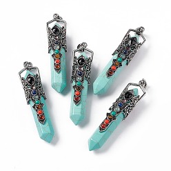 Synthetic Turquoise Synthetic Turquoise Big Pendants, 7 Chakra Faceted Bullet Charms, with Rack Plating Antique Silver Tone Alloy Crown Findings, Cadmium Free & Lead Free, 84x20x19.5mm, Hole: 8x5mm