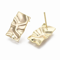 Real 18K Gold Plated Brass Stud Earring Findings, with Loops, Nickel Free, Hammered, Rectangle, Real 18K Gold Plated, 17x9.5mm, Hole: 1.4mm, Pin: 0.7mm