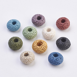 Mixed Color Natural Lava Rock European Beads, Dyed, Large Hole Beads, Flat Round, Mixed Color, 15~16x8.5~9mm, Hole: 4~5mm