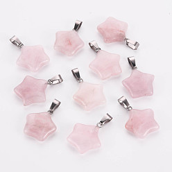 Cuarzo Rosa Estrella colgantes naturales de cuarzo rosa, con fornituras de latón de tono platino, 22~23x20~24x5~7 mm, agujero: 2x7 mm