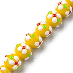 Gold Handmade Lampwork Beads Strands, with Enamel, Round with Flower, Gold, 11x9.5mm, Hole: 1.4mm, about 36pcs/strand, 13.58''(34.5cm)