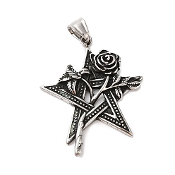 Antique Silver 304 Stainless Steel Big Pendants, Star with Rose Charm, Antique Silver, 55mm, Hole: 8x5mm
