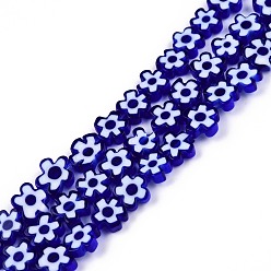 Bleu Foncé Main millefiori perles de verre brins, patron de prune, bleu foncé, 7~9x7.5~9x2.5~3mm, Trou: 1mm, Environ 52~54 pcs/chapelet, 15.75 pouces ~ 15.94 pouces (40~40.5 cm)