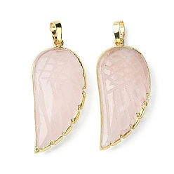 Rose Quartz Natural Rose Quartz Pendants, Wing Charms, with Rack Plating Golden Plated Brass Edge, 39x18x7mm, Hole: 6x4mm