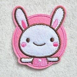 Blanco Conejito computarizado tela de bordado plancha / coser parches, accesorios de vestuario, apliques, conejo, rosa, 62x55 mm