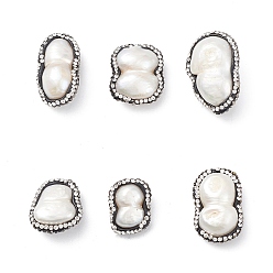 Blanc Floral Pépites de perles naturelles perles, avec argile polymère strass, floral blanc, 19~30x14.5~22x9~13.5mm, Trou: 0.6mm