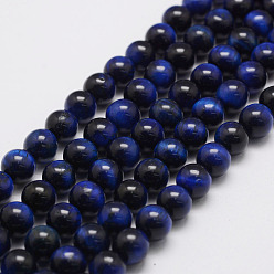 Dark Blue Natural Tiger Eye Bead Strands, Round, Dyed & Heated, Dark Blue, 14mm, Hole: 1.5mm, about 28pcs/strand, 14.9 inch~15.5 inch