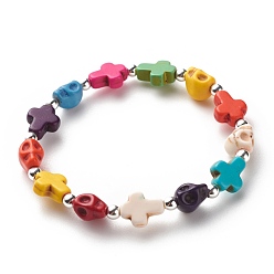 Coloré Bracelet extensible en perles de turquoise synthétique (teint) avec croix et tête de mort, bijoux de pierres précieuses d'halloween pour les enfants, colorées, diamètre intérieur: 1-7/8 pouce (4.8 cm)