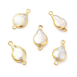 Light Gold Charmes de connecteur de perles de keshi naturelles baroques, liens en forme de larme, avec doubles boucles en laiton, or et de lumière, 21~22x10~12x3~6mm, Trou: 1.6mm