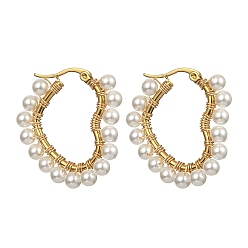 Golden Shell Pearl Beaded Heart Hoop Earrings, 201 Stainless Steel Earrings with 304 Stainless Steel Pins, Golden, 31.5x29.5x4.5mm