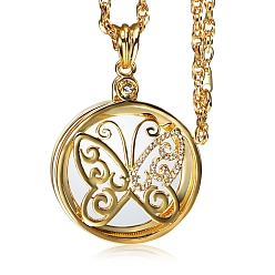 Golden Butterfly Alloy Rhinestones & Glass Magnifying Pendant Necklace for Women, Golden, 25.59 inch(65cm)