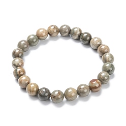 Jaspe Feuille Argent Bracelets de perles extensibles en jaspe feuille d'argent naturel, ronde, diamètre intérieur: 2-1/8 pouce (5.5 cm), perles: 8~9 mm