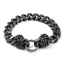 Bronze 304 acier inoxydable Cuban Link chaînes bracelets, conception de tête de lion pour les hommes, gris anthracite, 8-3/4 pouce (22.2 cm)