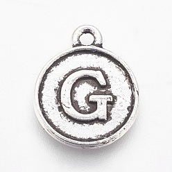 Letter G Tibetan Style Alloy Charms, Flat Round with Letter, Antique Silver, Letter.A, 15x12.5x2mm, Hole: 1.5mm
