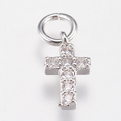 Platine Breloques minuscules croix en laiton micro pavé zircone cubique, platine, 9x5x1.5mm, Trou: 2mm