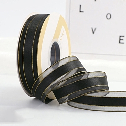 Black Polyester Organza Ribbons with Gold Edge, Garment Accessories, Gift Wrapping Ribbon, Black, 1 inch(25mm), about 49.21 Yards(45m)/Roll