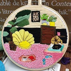 Colorful DIY Bedroom Pattern Embroidery Starter Kit, Cross Stitch Kit Including Imitation Bamboo Frame, Carbon Steel Pins, Cloth and Colorful Threads, Colorful, 177x164x8.5mm, Inner Diameter: 144mm