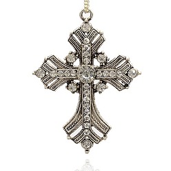 Cristal Alliage gros pendentifs gothiques croix latine crispées, avec strass, argent antique, cristal, 74x54x8mm, Trou: 3mm