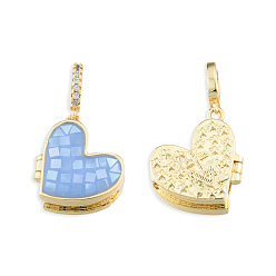 Cornflower Blue Brass Micro Pave Clear Cubic Zirconia Locket Pendants, with Natural Abalone Shell/Paua Shell, Dyed, Nickel Free, Real 18K Gold Plated, Heart Charm, Cornflower Blue, 17x17x8mm, Hole: 4x5.5mm