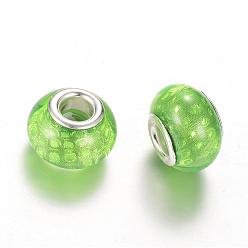 Vert Pâle Résine perles européennes, Perles avec un grand trou   , avec noyaux en laiton plaqué couleur argent, rondelle, vert pale, 14x9~9.5mm, Trou: 5mm