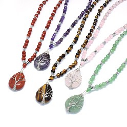Mixed Stone Natural & Synthetic Mixed Stone Pendant Necklaces, with Brass Findings, Teardrop with Tree, 23.62 inch(60cm)