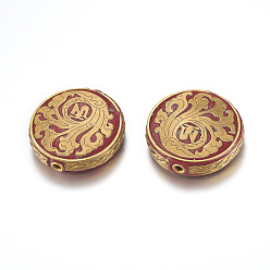 Rouge Perles Indonésiennes manuelles, avec les accessoires en laiton, sans nickel, plat rond avec symbole om, brut (non plaqué), rouge, 29~30x8mm, Trou: 2mm
